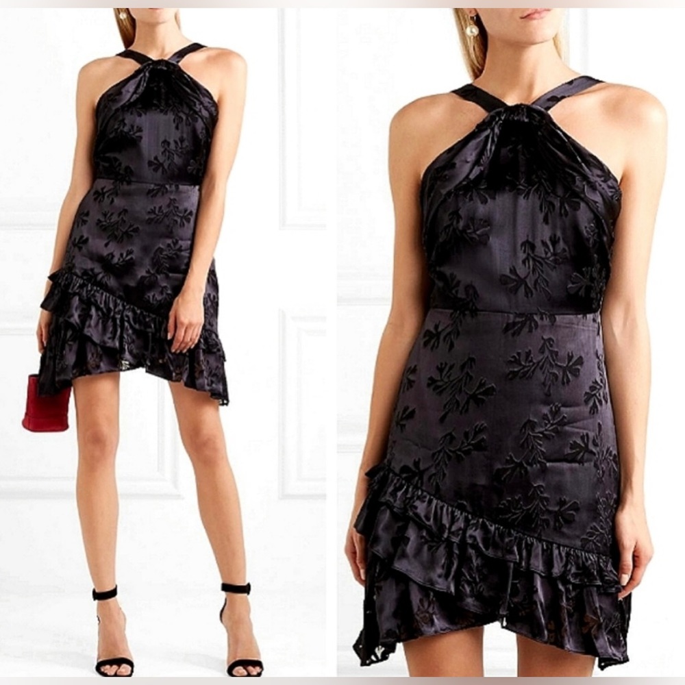 New Saloni Faye Black Satin Silk Burnout Dress Size 8